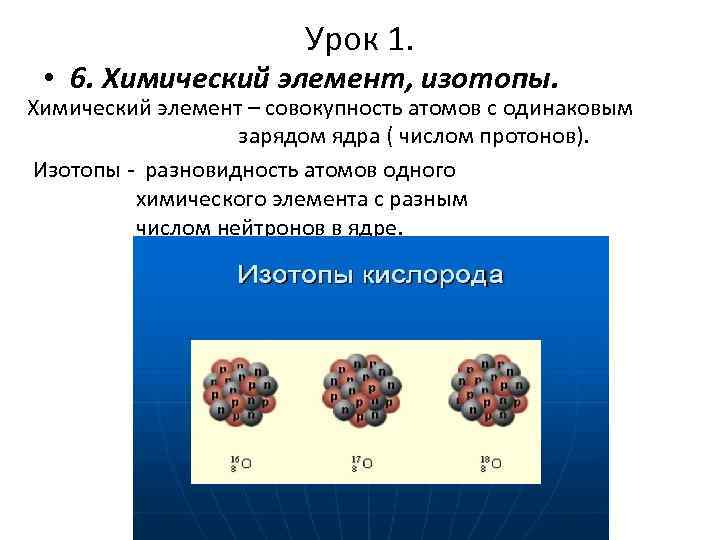 Урок 1. • 6. Химический элемент, изотопы. Химический элемент – совокупность атомов с одинаковым