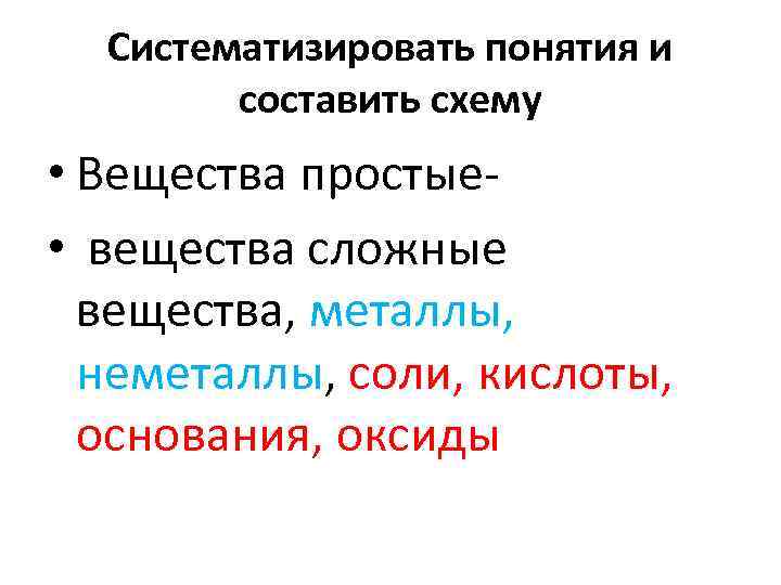 Систематизировать понятия и составить схему • Вещества простые • вещества сложные вещества, металлы, неметаллы,