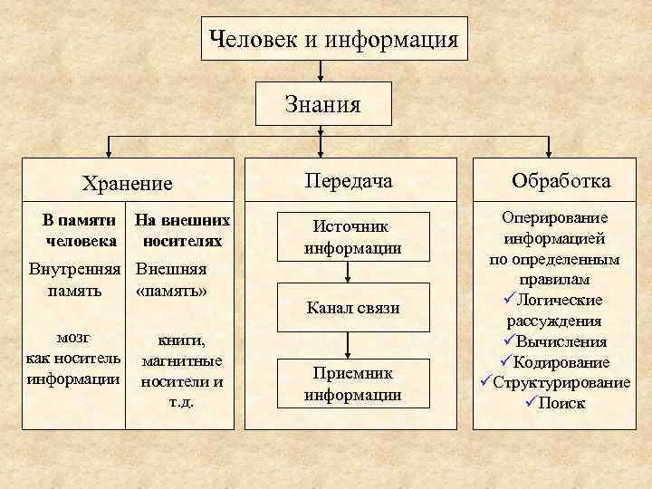 Человек и информация Знания Хранение В памяти человека На внешних носителях Внутренняя Внешняя память