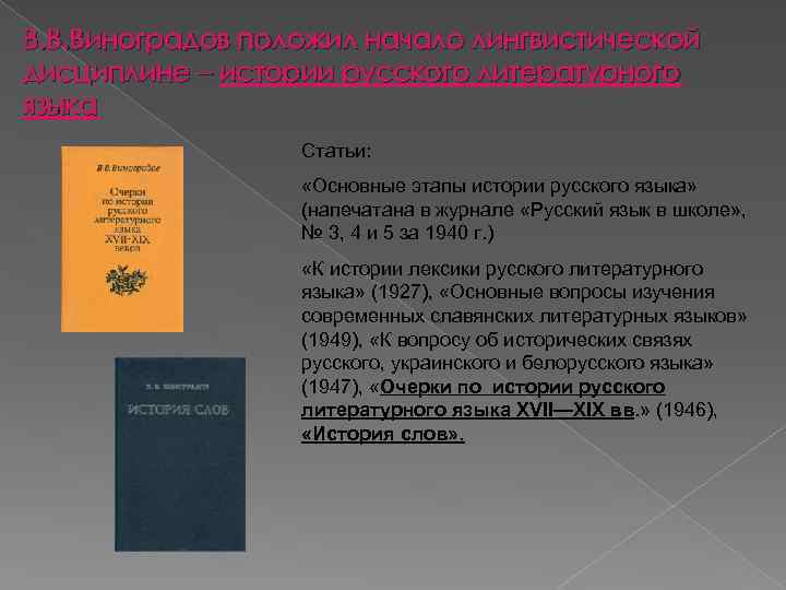 В. В. Виноградов положил начало лингвистической дисциплине – истории русского литературного языка Статьи: «Основные