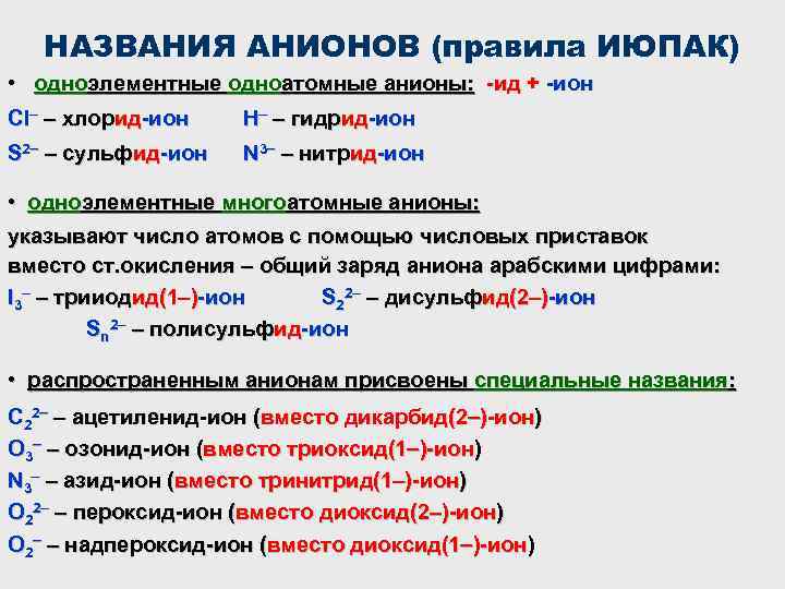 Какие частицы являются анионами. Анионы таблица с названиями. Анионы названия. Названия анионов в химии. Названия основных анионов.