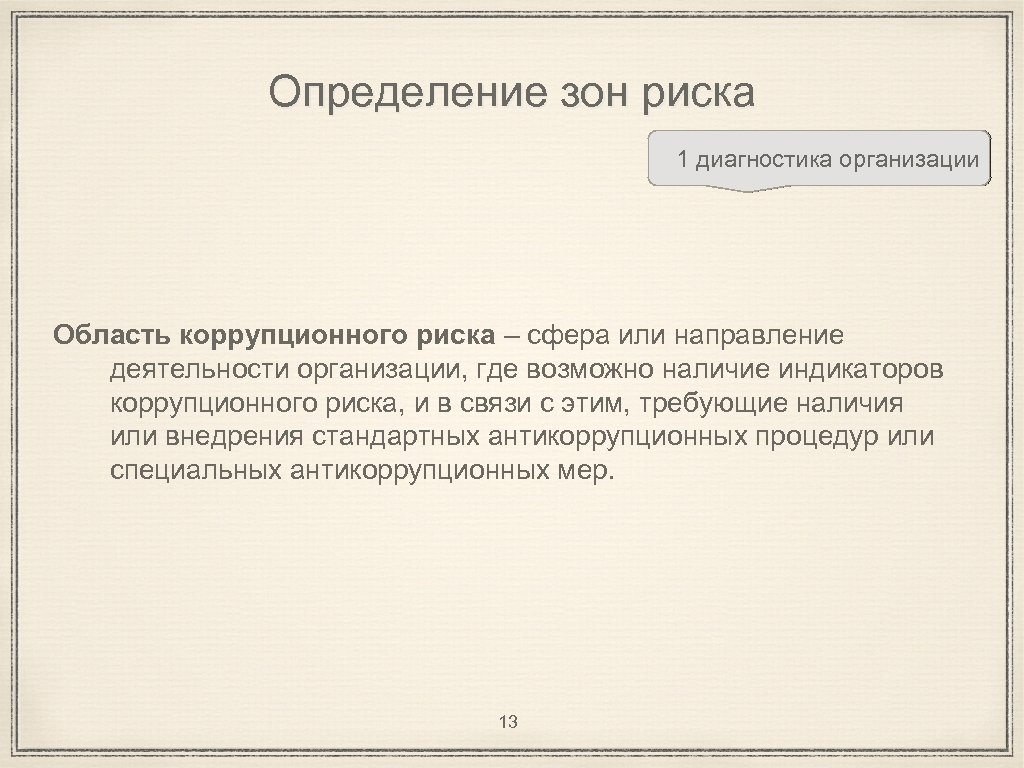 Определение зон риска 1 диагностика организации Область коррупционного риска – сфера или направление деятельности
