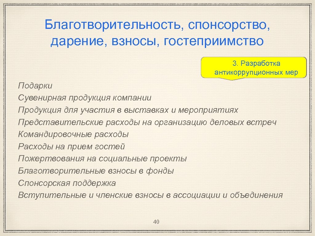 Благотворительность, спонсорство, дарение, взносы, гостеприимство 3. Разработка антикоррупционных мер Подарки Сувенирная продукция компании Продукция