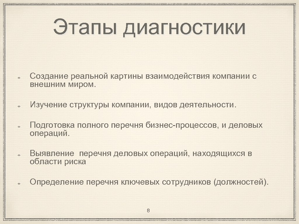 Этапы диагностики Создание реальной картины взаимодействия компании с внешним миром. Изучение структуры компании, видов