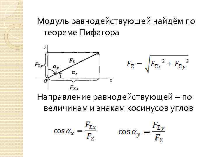 Модуль равнодействующей силы. Модуль равнодействующей силы Инженерная механика. Модуль равнодействующей сходящихся сил. Модуль равнодействующей силы по теореме Пифагора. Равнодействующая сила техническая механика.