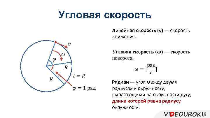 Угловая скорость Линейная скорость (v) — скорость движения. Радиан — угол между двумя радиусами