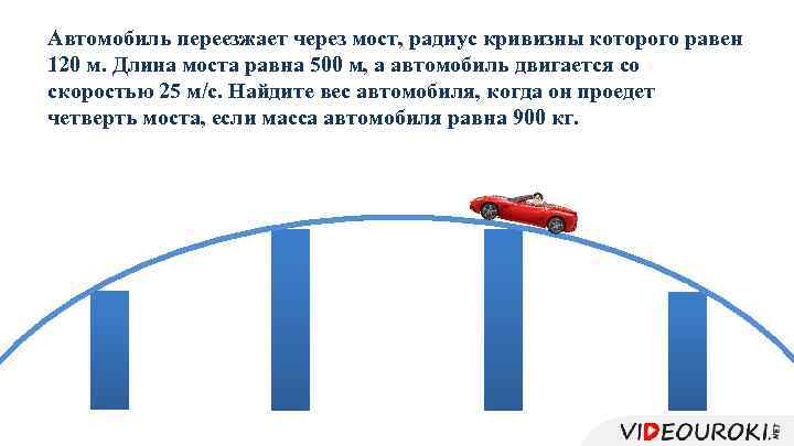 Автомобиль переезжает через мост, радиус кривизны которого равен 120 м. Длина моста равна 500