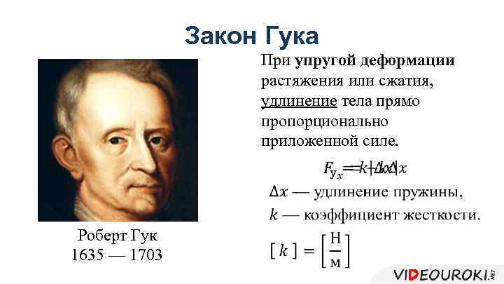 Закон Гука При упругой деформации растяжения или сжатия, удлинение тела прямо пропорционально приложенной силе.