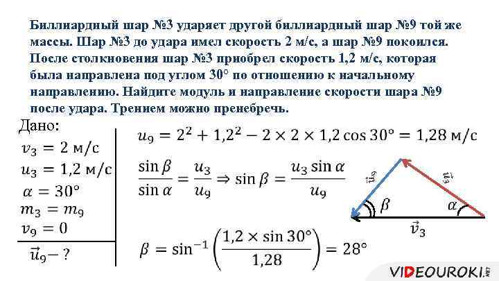 Биллиардный шар № 3 ударяет другой биллиардный шар № 9 той же массы. Шар