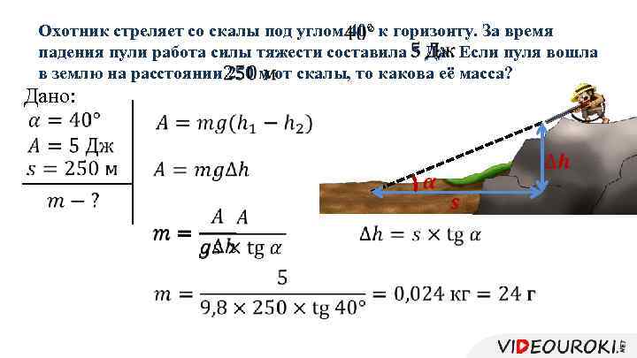  Охотник стреляет со скалы под углом 40° к горизонту. За время падения пули