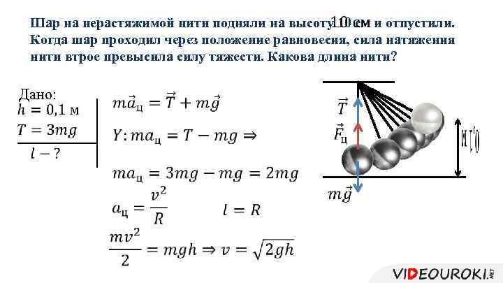  Шар на нерастяжимой нити подняли на высоту 10 см и отпустили. Когда шар