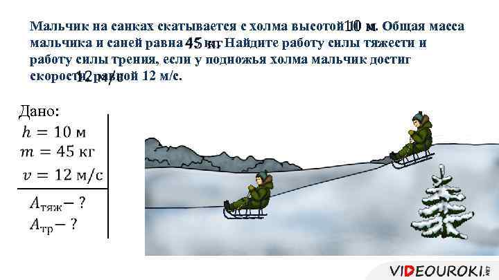  Мальчик на санках скатывается с холма высотой 10 м. Общая масса мальчика и