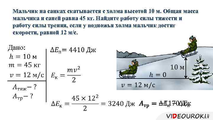 Мальчик на санках скатывается с холма высотой 10 м. Общая масса мальчика и саней