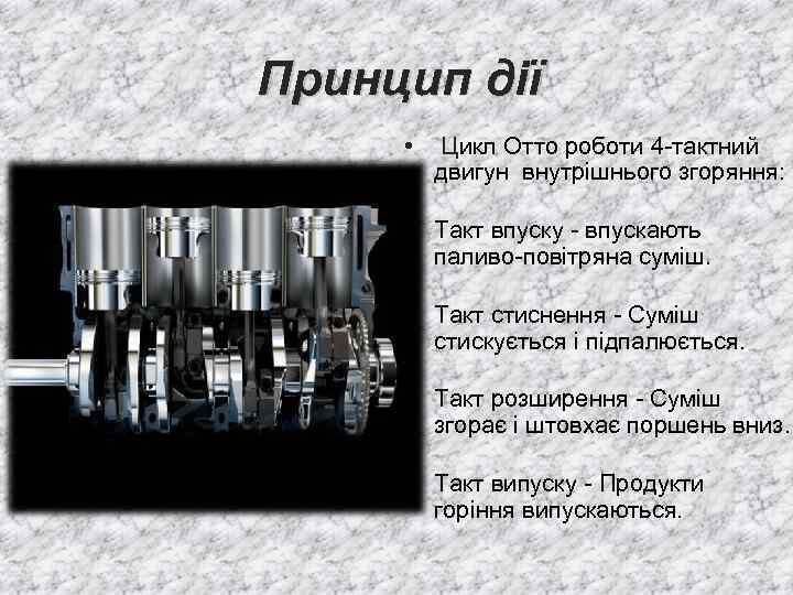 Принцип дії • Цикл Отто роботи 4 -тактний двигун внутрішнього згоряння: • Такт впуску