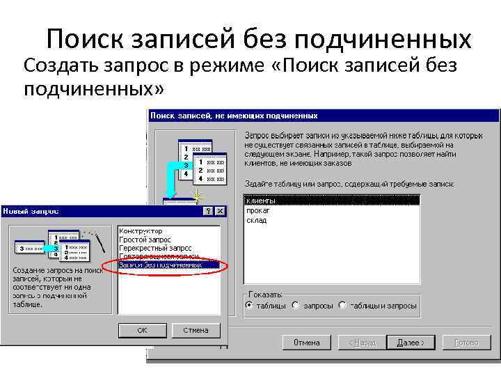 Поиск записей без подчиненных Создать запрос в режиме «Поиск записей без подчиненных» 103 