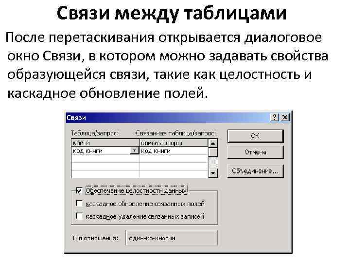 Связи между таблицами После перетаскивания открывается диалоговое окно Связи, в котором можно задавать свойства