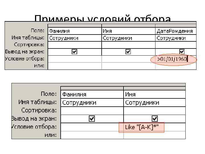 Примеры условий отбора 