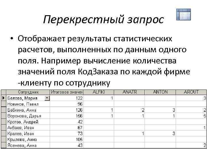 Перекрестный запрос • Отображает результаты статистических расчетов, выполненных по данным одного поля. Например вычисление
