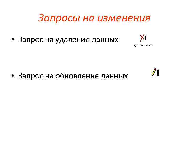 Запросы на изменения • Запрос на удаление данных • Запрос на обновление данных 