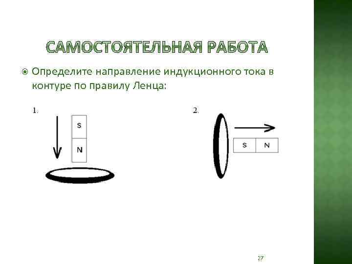  Определите направление индукционного тока в контуре по правилу Ленца: 27 