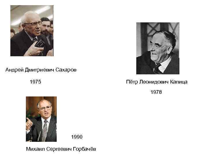 Андрей Дмитриевич Сахаров 1975 Пётр Леонидович Капица 1978 1990 Михаил Сергеевич Горбачёв 