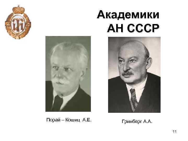 Академики АН СССР Порай – Кошиц А. Е. Гринберг А. А. 11 