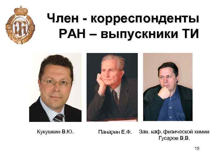 Член - корреспонденты РАН – выпускники ТИ Кукушкин В. Ю. Панарин Е. Ф. Зав.
