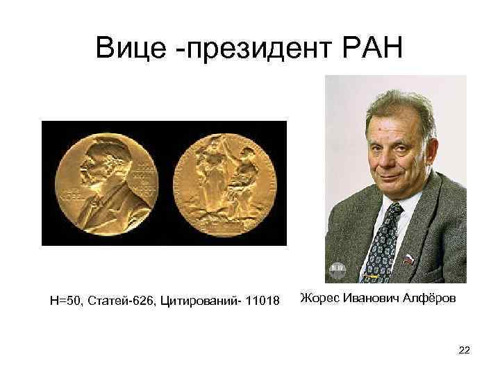 Вице -президент РАН Н=50, Статей-626, Цитирований- 11018 Жорес Иванович Алфёров 22 