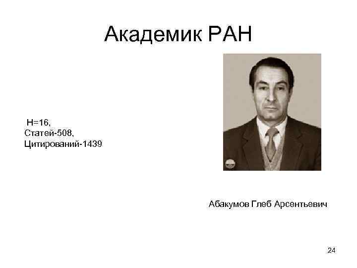 Академик РАН Н=16, Статей-508, Цитирований-1439 Абакумов Глеб Арсентьевич 24 