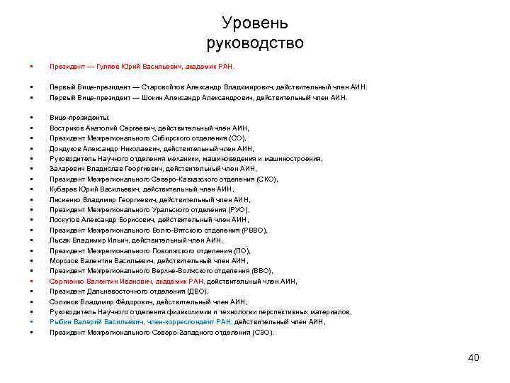 Уровень руководство • Президент — Гуляев Юрий Васильевич, академик РАН. • • Первый Вице-президент
