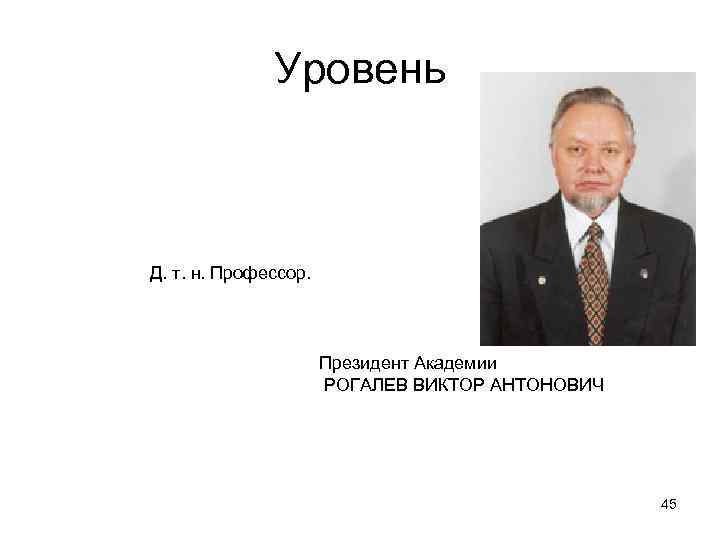 Уровень Д. т. н. Профессор. Президент Академии РОГАЛЕВ ВИКТОР АНТОНОВИЧ 45 