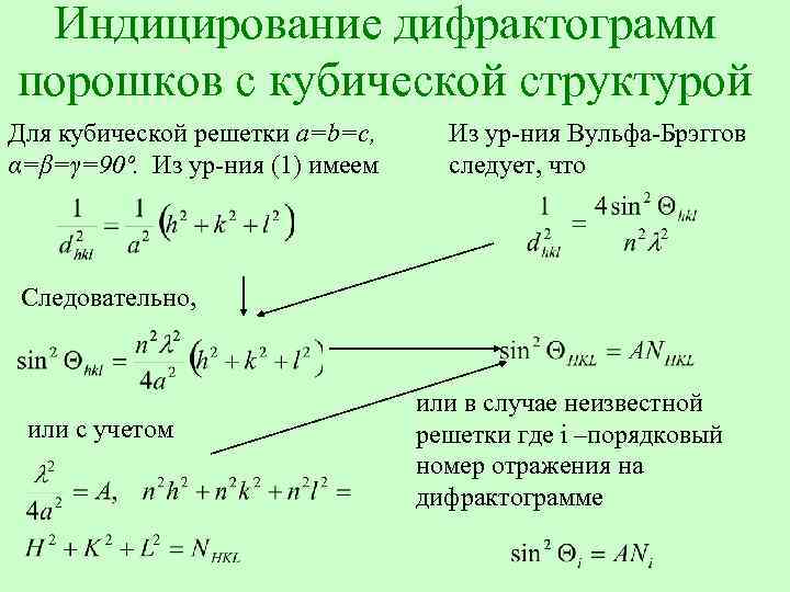 Индицирование дифрактограмм порошков с кубической структурой Для кубической решетки a=b=c, α=β=γ=90º. Из ур-ния (1)