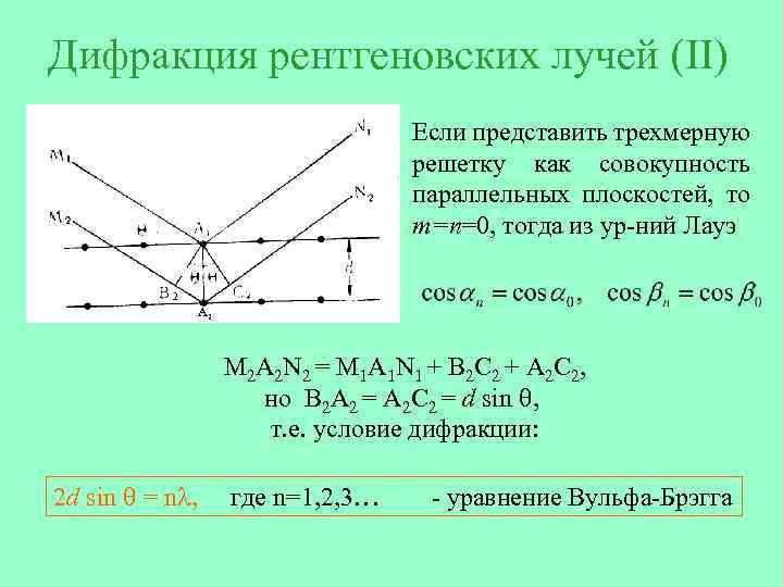 Дифракция рентгеновских лучей (II) Если представить трехмерную решетку как совокупность параллельных плоскостей, то m=n=0,