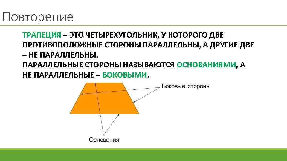 Повторение ТРАПЕЦИЯ – ЭТО ЧЕТЫРЕХУГОЛЬНИК, У КОТОРОГО ДВЕ ПРОТИВОПОЛОЖНЫЕ СТОРОНЫ ПАРАЛЛЕЛЬНЫ, А ДРУГИЕ ДВЕ