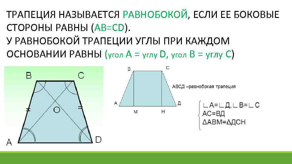 ТРАПЕЦИЯ НАЗЫВАЕТСЯ РАВНОБОКОЙ, ЕСЛИ ЕЕ БОКОВЫЕ СТОРОНЫ РАВНЫ (AB=CD). У РАВНОБОКОЙ ТРАПЕЦИИ УГЛЫ ПРИ