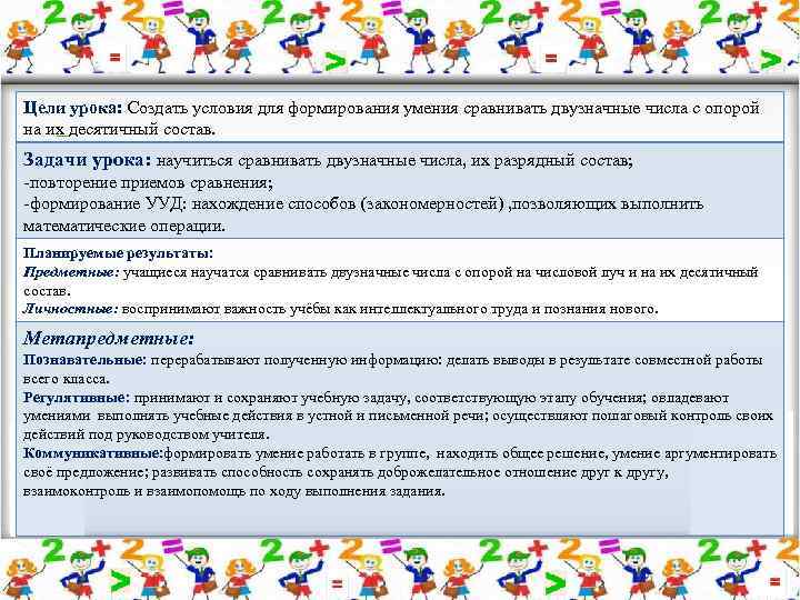 Цели урока: Создать условия для формирования умения сравнивать двузначные числа с опорой на их