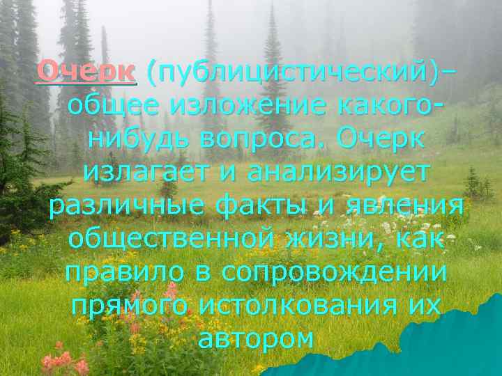 Очерк (публицистический)– общее изложение какогонибудь вопроса. Очерк излагает и анализирует различные факты и явления
