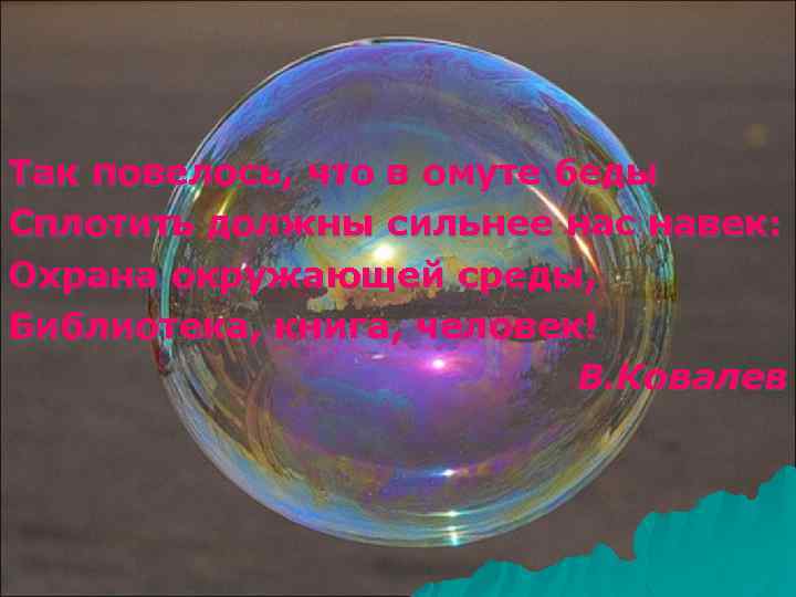 Так повелось, что в омуте беды Сплотить должны сильнее нас навек: Охрана окружающей среды,
