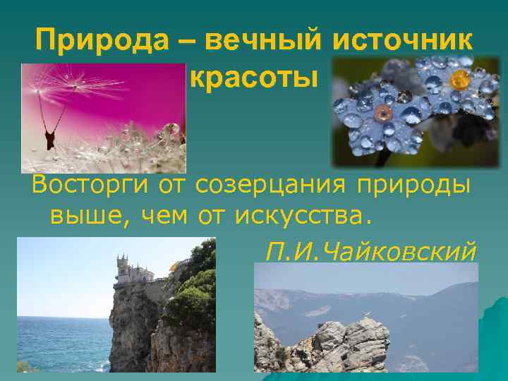 Природа – вечный источник красоты Восторги от созерцания природы выше, чем от искусства. П.