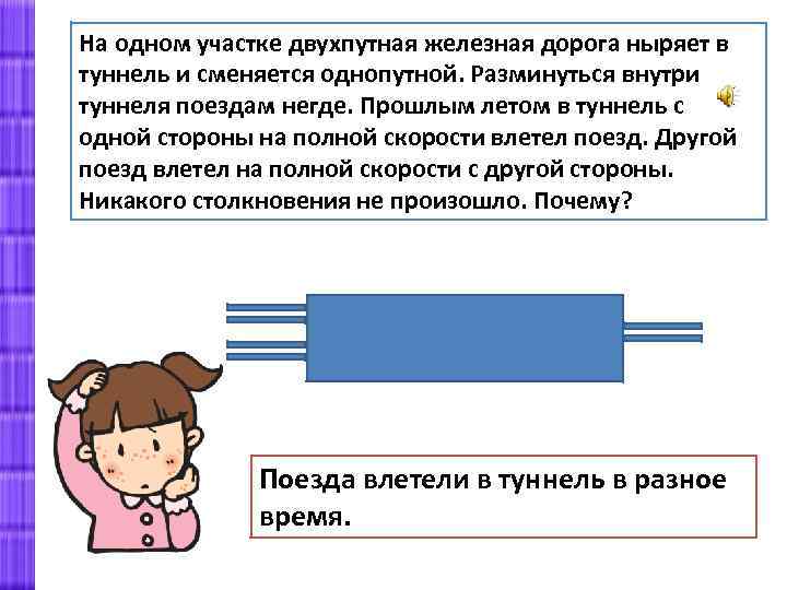 На одном участке двухпутная железная дорога ныряет в туннель и сменяется однопутной. Разминуться внутри
