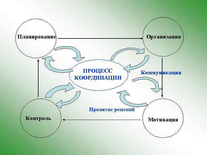 Планирование Организация ПРОЦЕСС КООРДИНАЦИИ Коммуникация Принятие решений Контроль Мотивация 