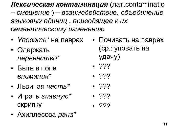 Лексическая контаминация (лат. contaminatio – смешение ) – взаимодействие, объединение языковых единиц , приводящее