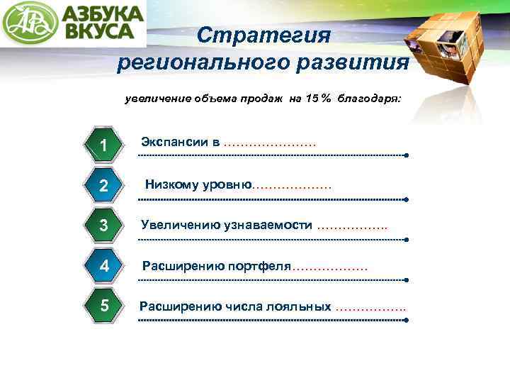 LOGO Стратегия регионального развития увеличение объема продаж на 15 % благодаря: Экспансии в ………………….