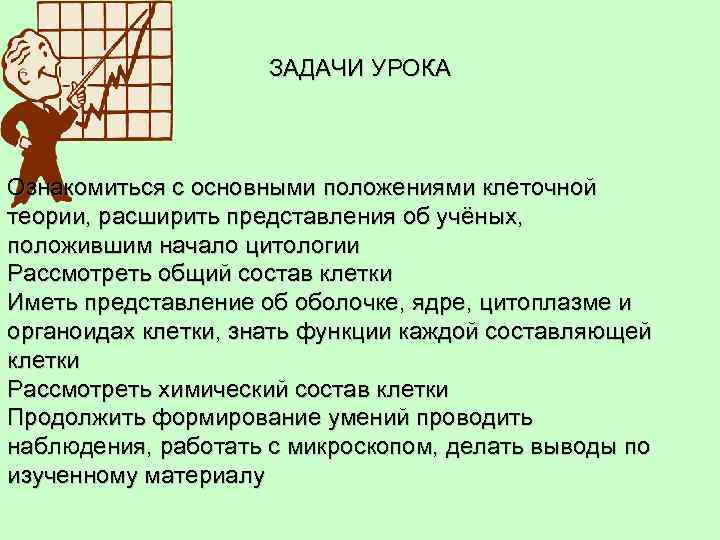 ЗАДАЧИ УРОКА Ознакомиться с основными положениями клеточной теории, расширить представления об учёных, положившим начало