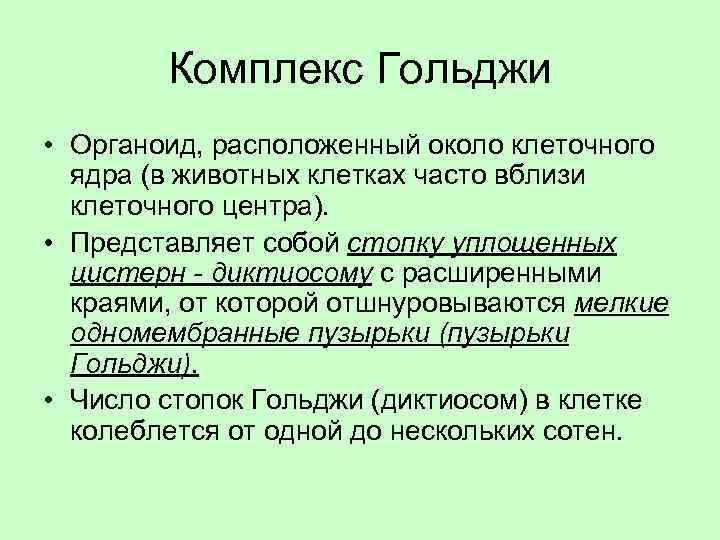 Комплекс Гольджи • Органоид, расположенный около клеточного ядра (в животных клетках часто вблизи клеточного