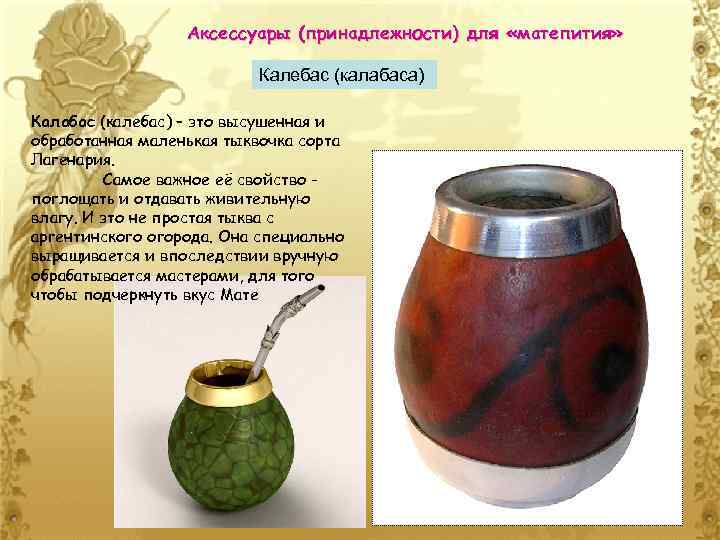 Аксессуары (принадлежности) для «матепития» Калебас (калабаса) Калабас (калебас) – это высушенная и обработанная маленькая