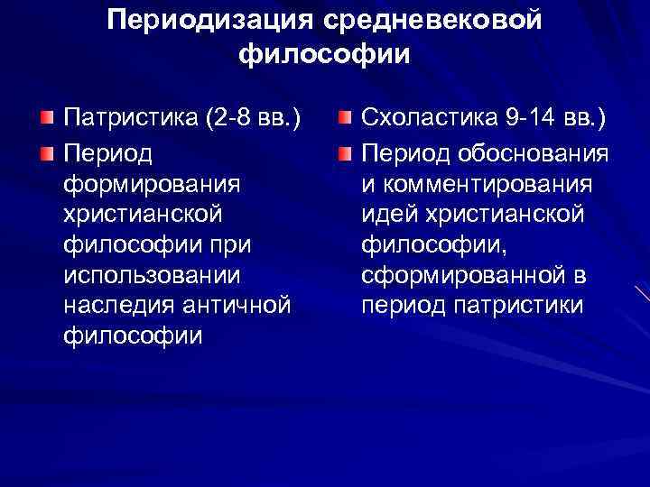 Периодизация средневековой философии Патристика (2 -8 вв. ) Период формирования христианской философии при использовании