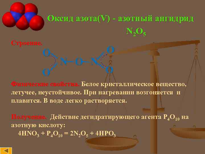 Оксид азота(V) - азотный ангидрид N 2 O 5 Строение. O O O N