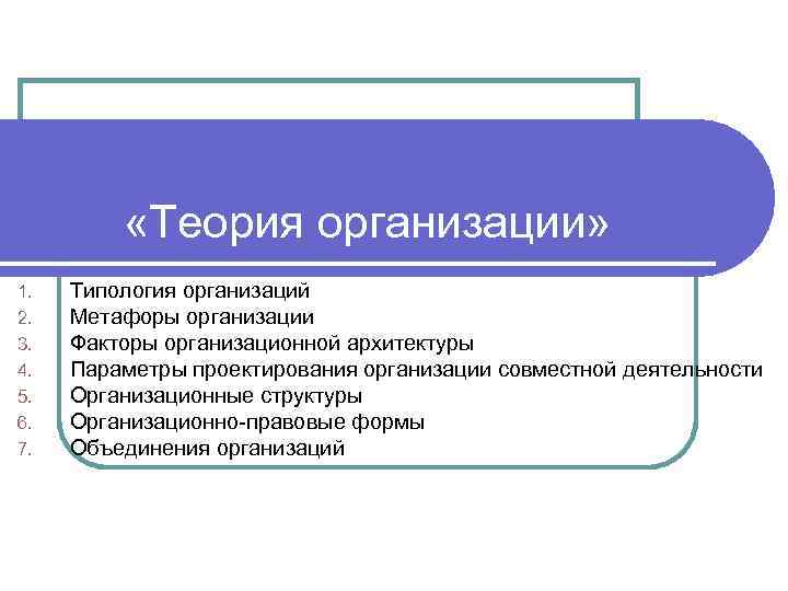  «Теория организации» 1. 2. 3. 4. 5. 6. 7. Типология организаций Метафоры организации