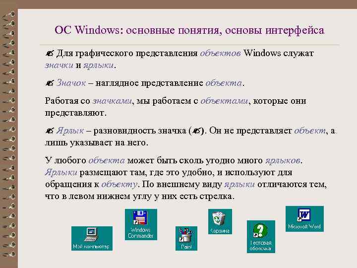 ОС Windows: основные понятия, основы интерфейса Для графического представления объектов Windows служат значки и